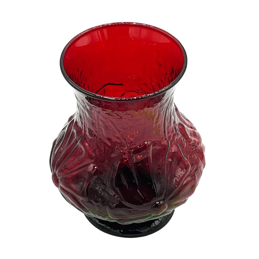 Vintage Anchor Hocking Ruby Red Glass Vase 5 1/4" Tall Floral Design Textured - Picture 4 of 7